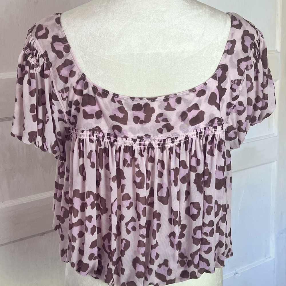 FREE PEOPLE MEG CHEETAH CROP MESH TOP SZ S PINK BROWN FLOWY BOHO SPRING SUMMER - Picture 7 of 11